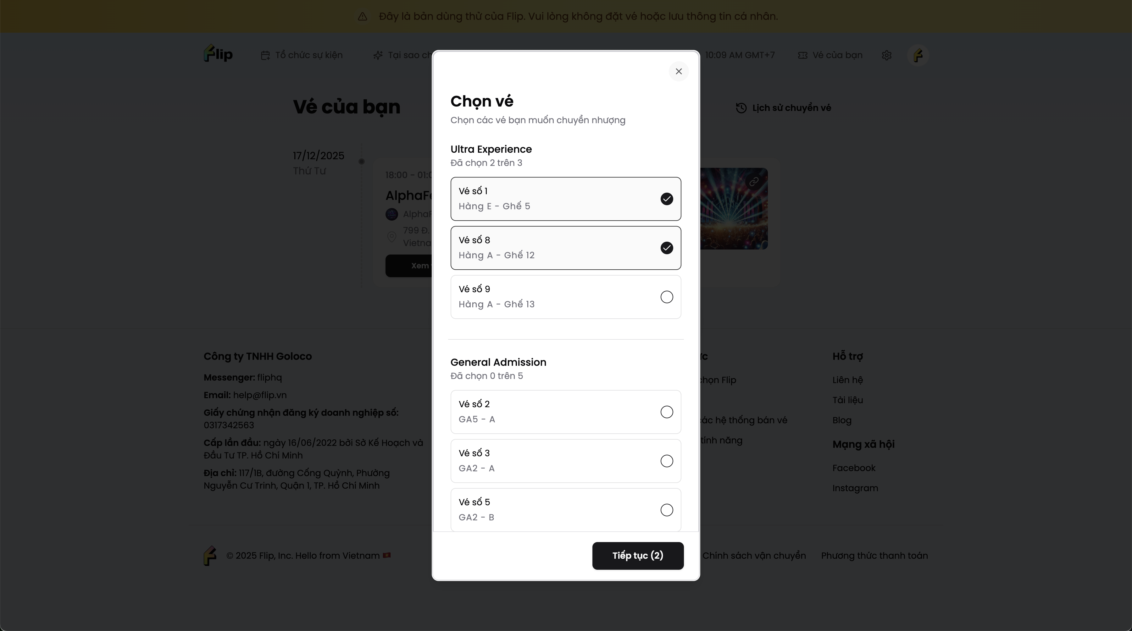 Chọn vé muốn chuyển nhượng