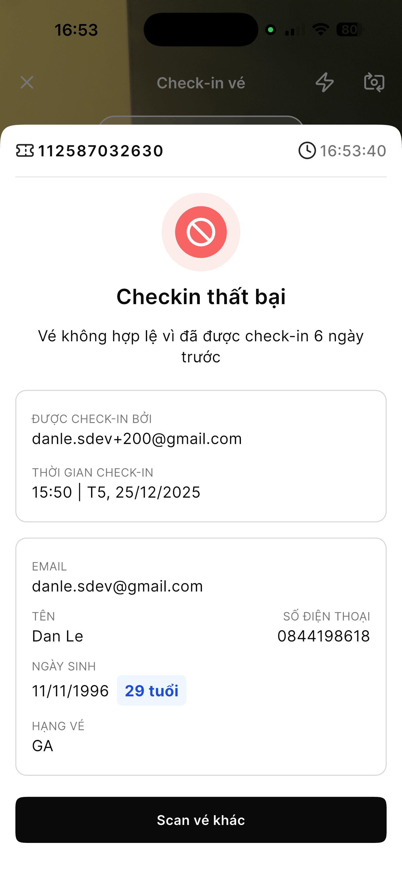 Màn hình check-in thất bại với thông tin lỗi